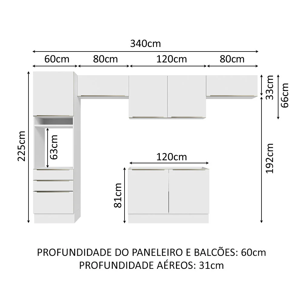 Armário de Cozinha Completa 340 x 60 cm Branco/Branco Veludo Lux Madesa 01 - Image 3