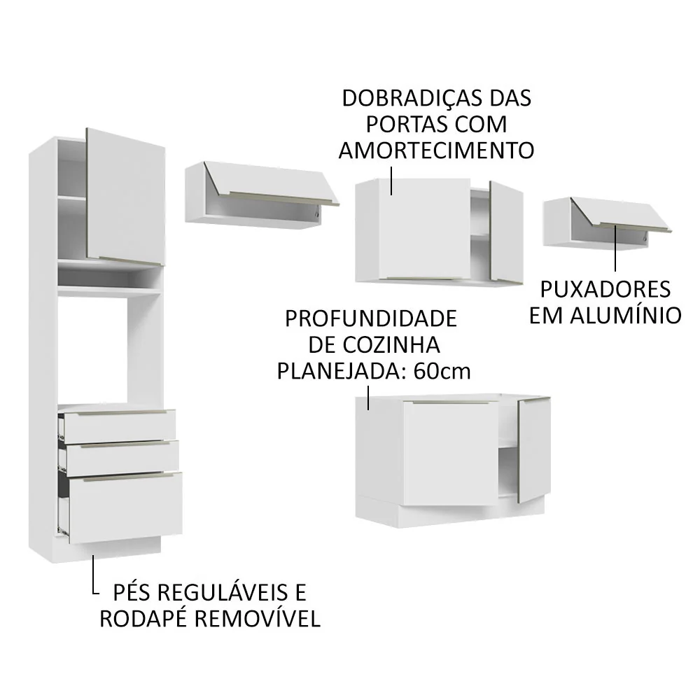 Armário de Cozinha Completa 340 x 60 cm Branco/Branco Veludo Lux Madesa 01 - Image 4