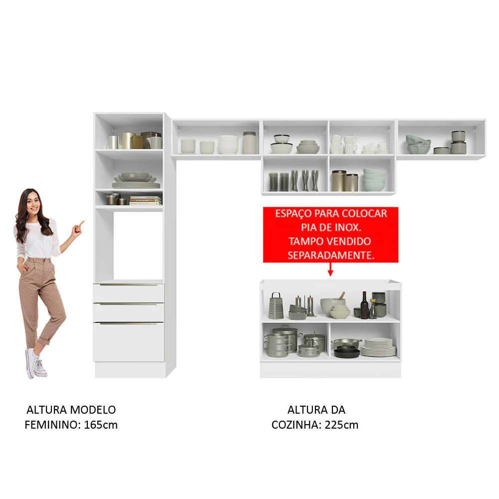 Armário de Cozinha Completa 340 x 60 cm Branco/Branco Veludo Lux Madesa 01 - Image 5