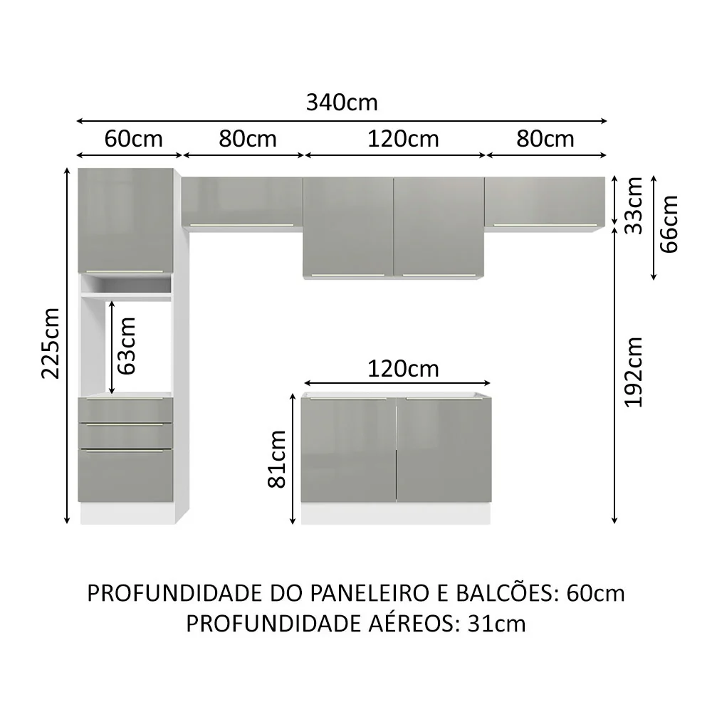 Armário de Cozinha Completa 340 x 60 cm Branco/Cinza Lux Madesa 01 - Image 3