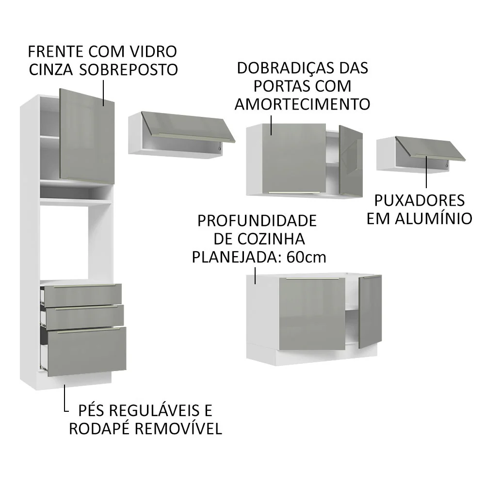 Armário de Cozinha Completa 340 x 60 cm Branco/Cinza Lux Madesa 01 - Image 4