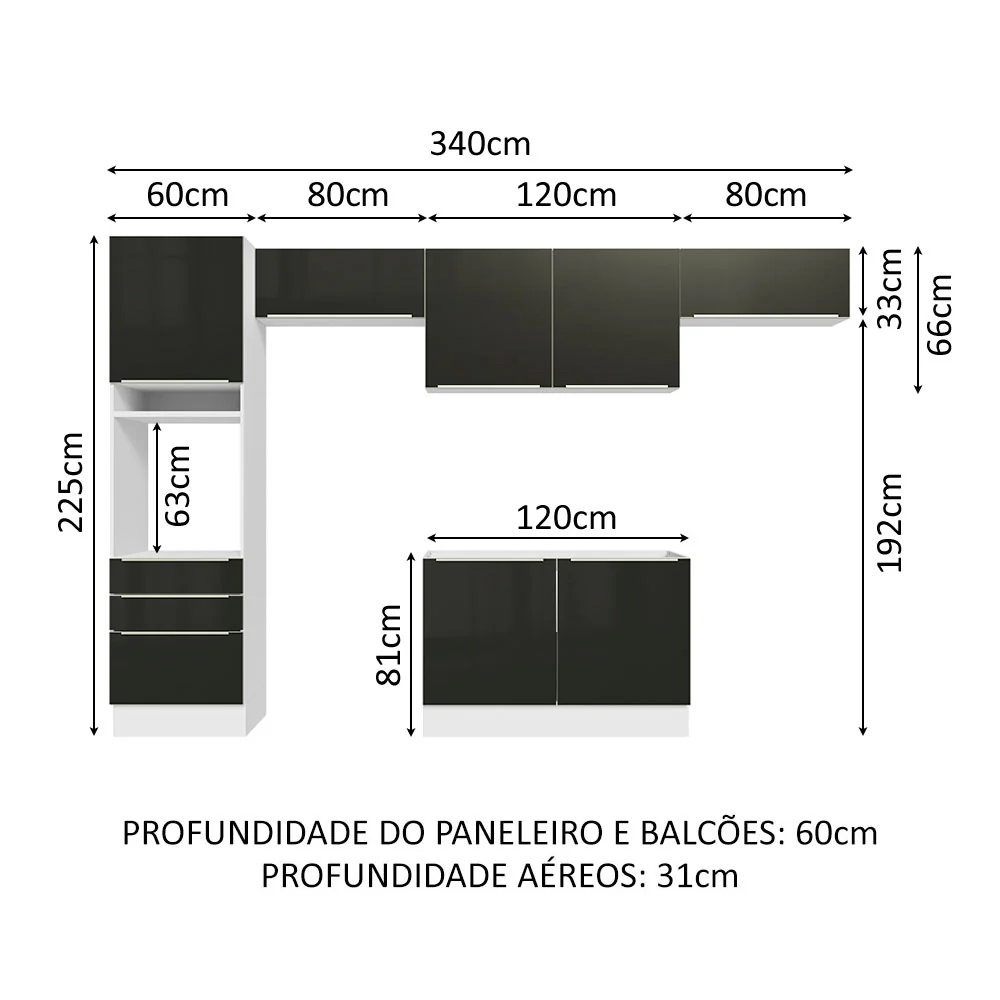 Armário de Cozinha Completa 340 x 60 cm Branco/Preto Lux Madesa 01 - Image 3