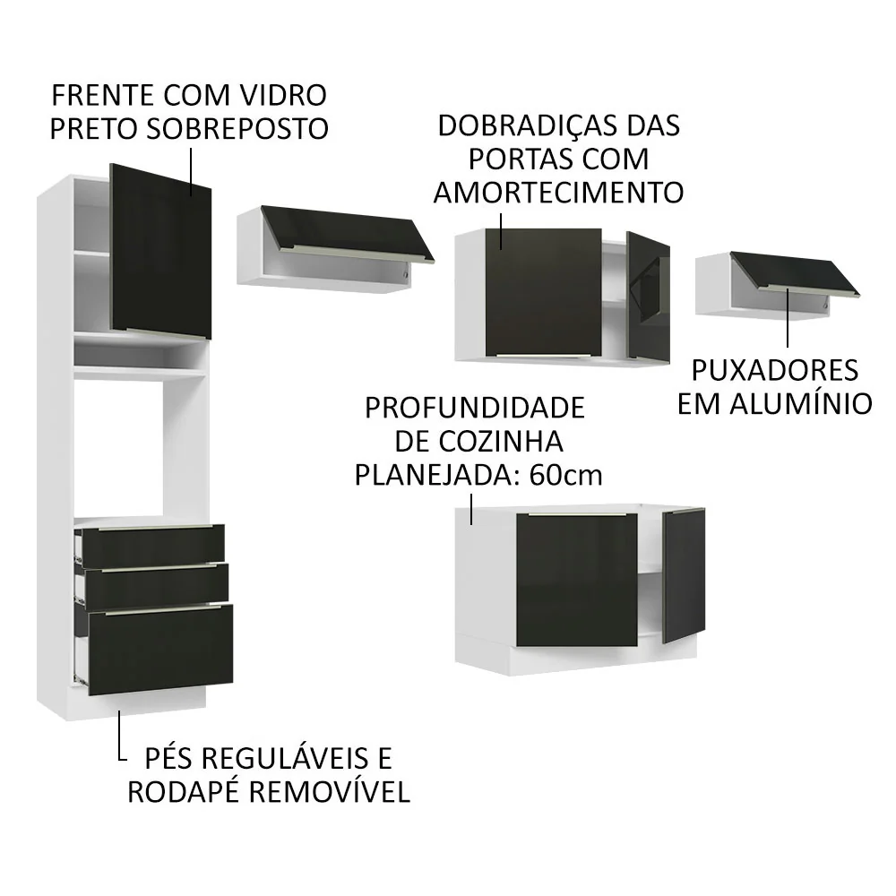 Armário de Cozinha Completa 340 x 60 cm Branco/Preto Lux Madesa 01 - Image 4