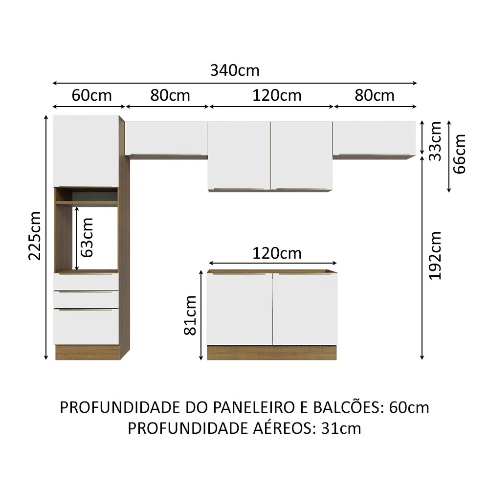 Armário de Cozinha Completa 340 x 60 cm Rustic Branco Veludo Lux Madesa 01 - Image 3