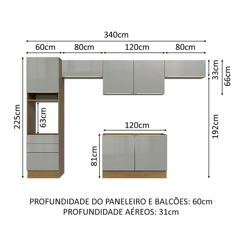 Armário de Cozinha Completa 340 x 60 cm Rustic/Cinza Lux Madesa 01 - Image 3