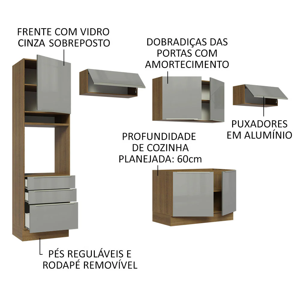 Armário de Cozinha Completa 340 x 60 cm Rustic/Cinza Lux Madesa 01 - Image 4