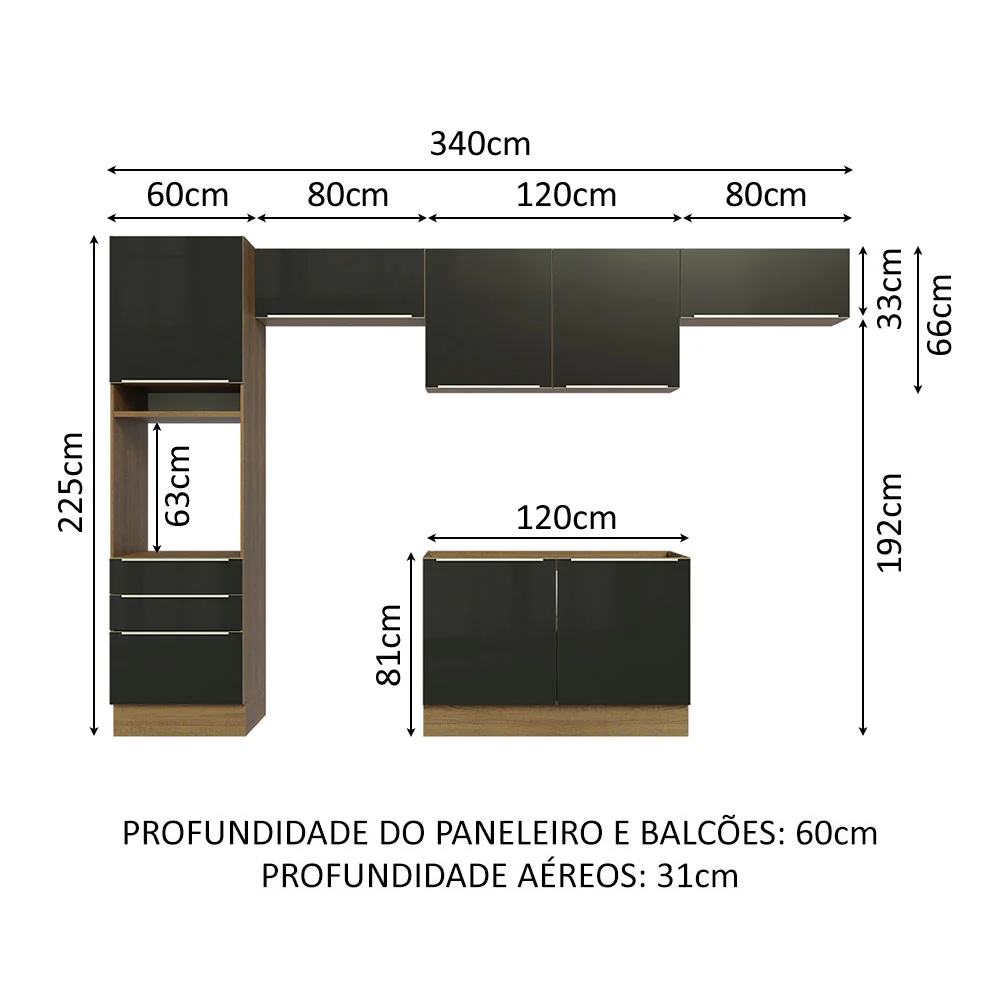 Armário de Cozinha Completa 340 x 60 cm Rustic/Preto Lux Madesa 01 - Image 3