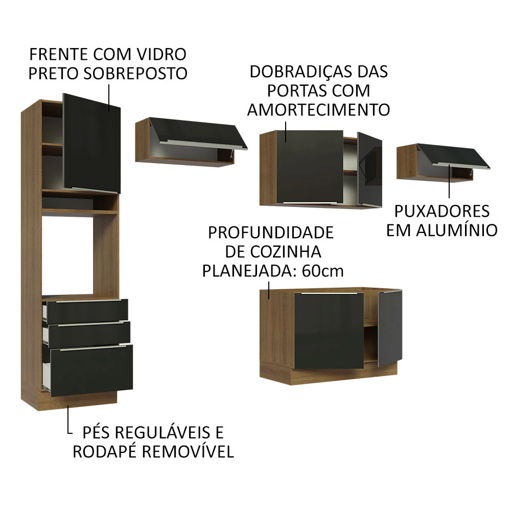 Armário de Cozinha Completa 340 x 60 cm Rustic/Preto Lux Madesa 01 - Image 4