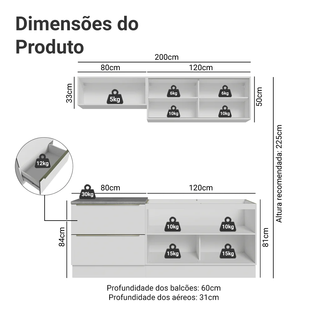 Armário de Cozinha Compacta 200 x 60 cm Branco Branco Veludo Lux Madesa 01 - Image 3