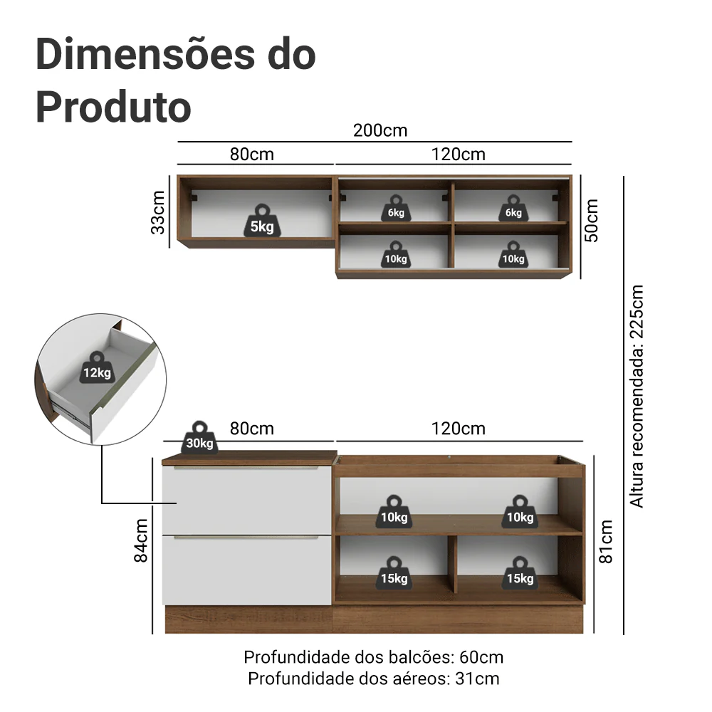 Armário de Cozinha Compacta 200 x 60 cm Rustic Branco Veludo Lux Madesa 01 - Image 3