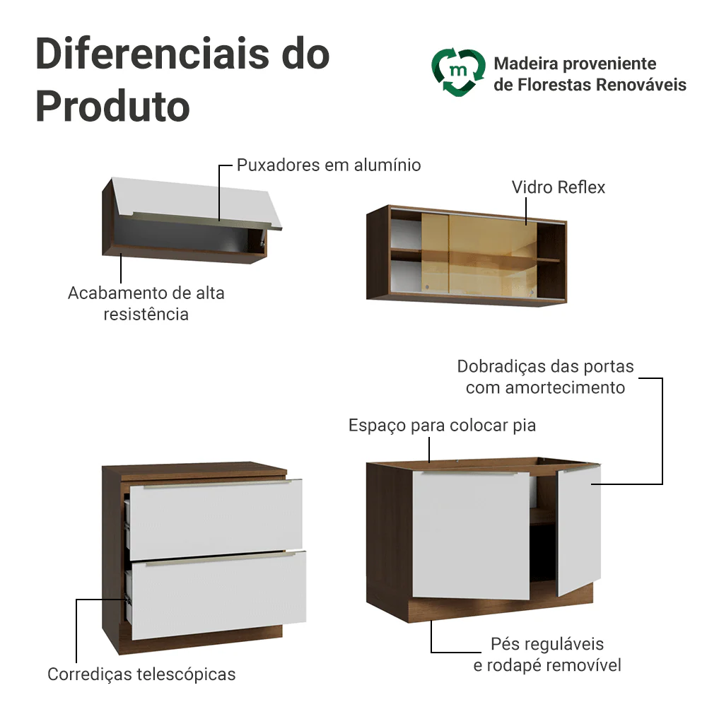 Armário de Cozinha Compacta 200 x 60 cm Rustic Branco Veludo Lux Madesa 01 - Image 4