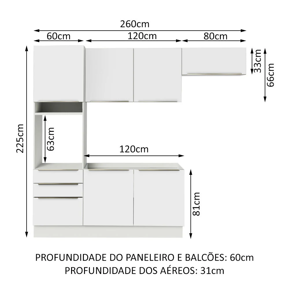 Armário de Cozinha Completa 260 x 60 cm Branco Branco Veludo Lux Madesa 03 - Image 3