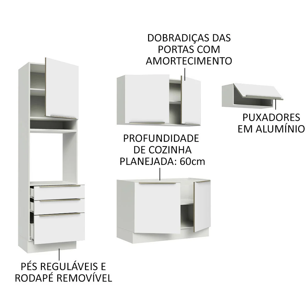Armário de Cozinha Completa 260 x 60 cm Branco Branco Veludo Lux Madesa 03 - Image 4