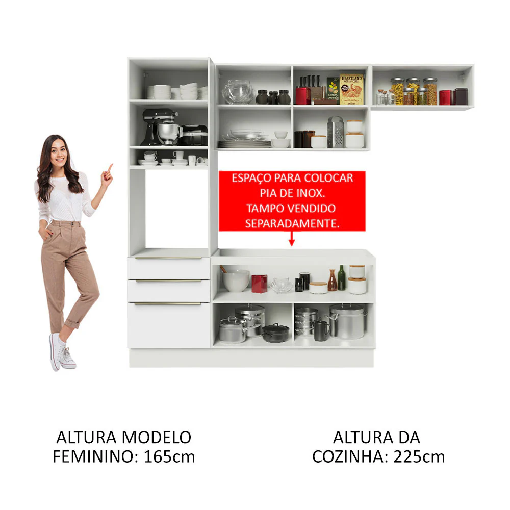 Armário de Cozinha Completa 260 x 60 cm Branco Branco Veludo Lux Madesa 03 - Image 5