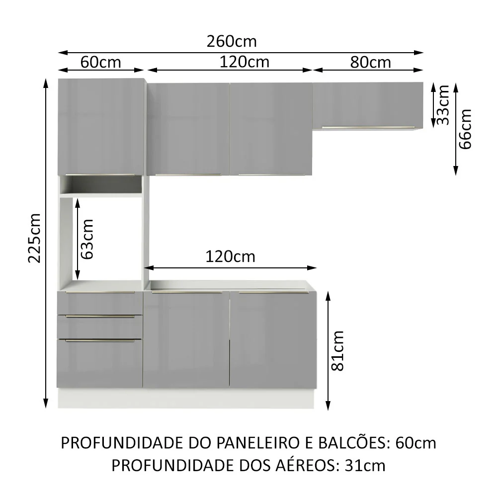 Armário de Cozinha Completa 260 x 60 cm Branco/Cinza Lux Madesa 03 - Image 3