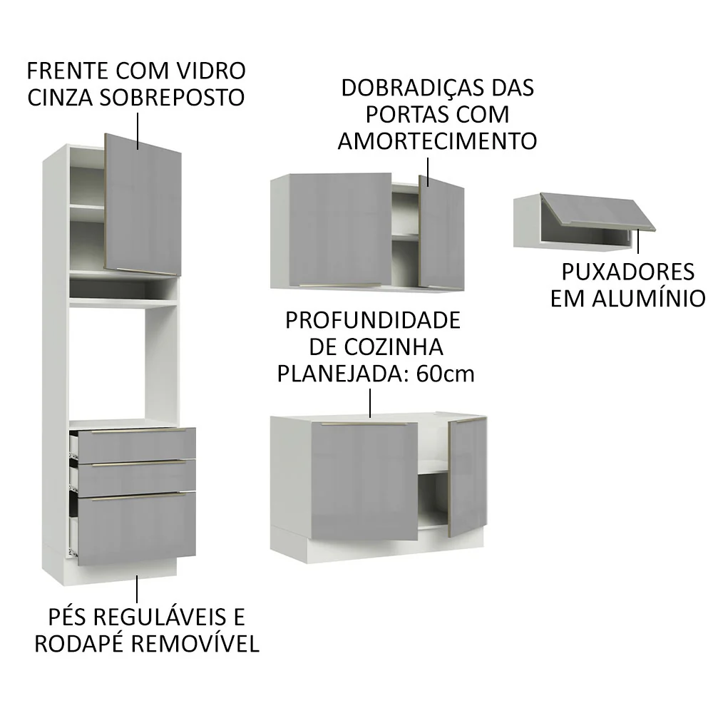 Armário de Cozinha Completa 260 x 60 cm Branco/Cinza Lux Madesa 03 - Image 4