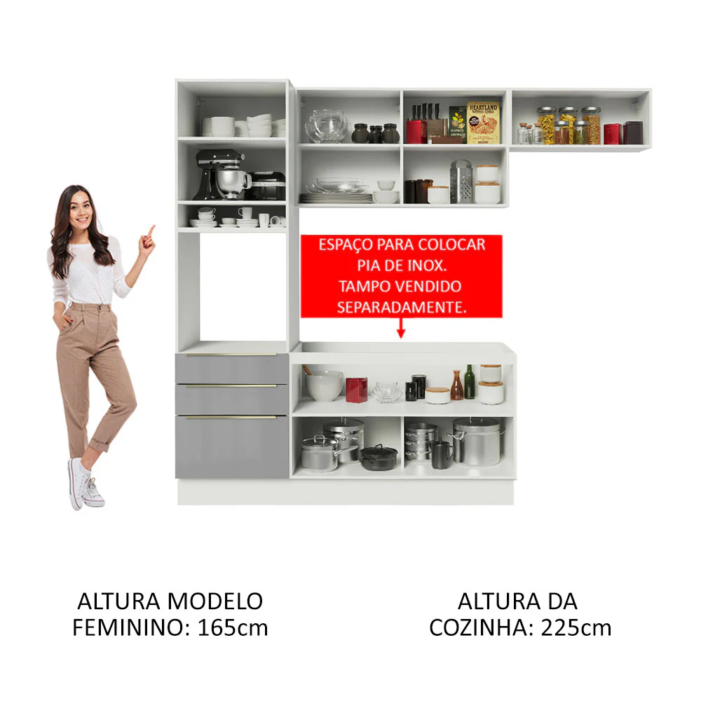 Armário de Cozinha Completa 260 x 60 cm Branco/Cinza Lux Madesa 03 - Image 5