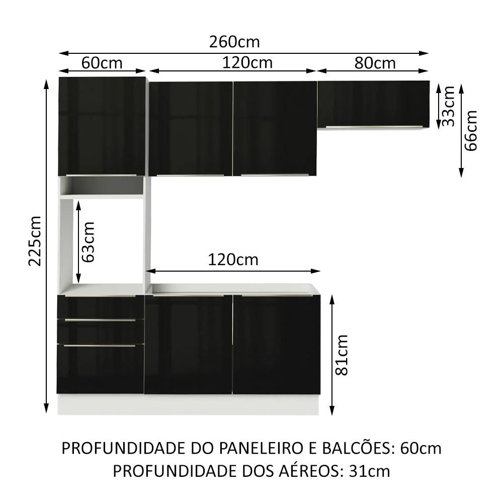 Armário de Cozinha Completa 260 x 60 cm Branco/Preto Lux Madesa 03 - Image 3