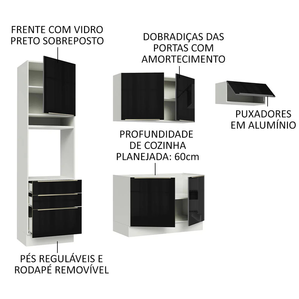 Armário de Cozinha Completa 260 x 60 cm Branco/Preto Lux Madesa 03 - Image 4