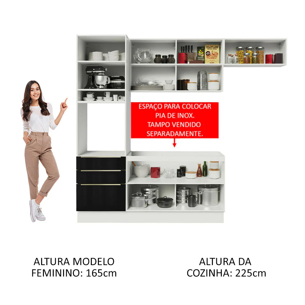 Armário de Cozinha Completa 260 x 60 cm Branco/Preto Lux Madesa 03 - Image 5