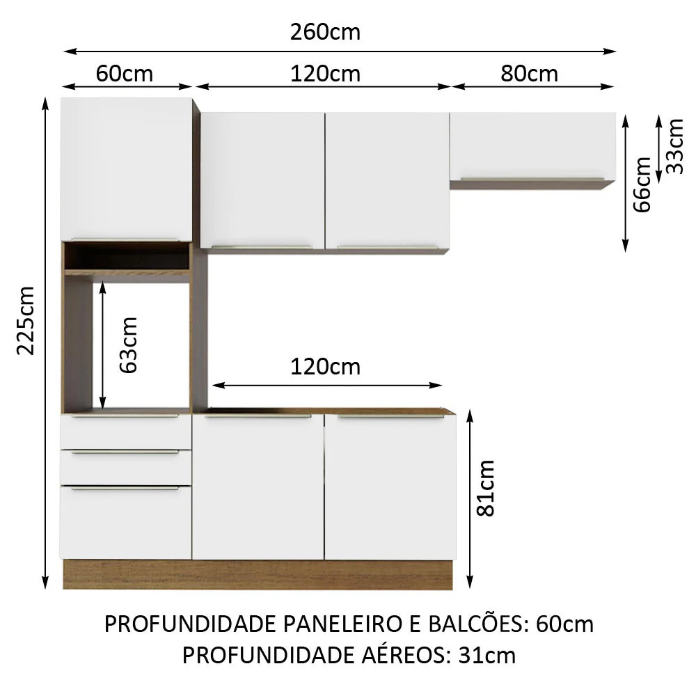 Armário de Cozinha Completa 260 x 60 cm Rustic/Branco Veludo Lux Madesa 03 - Image 3