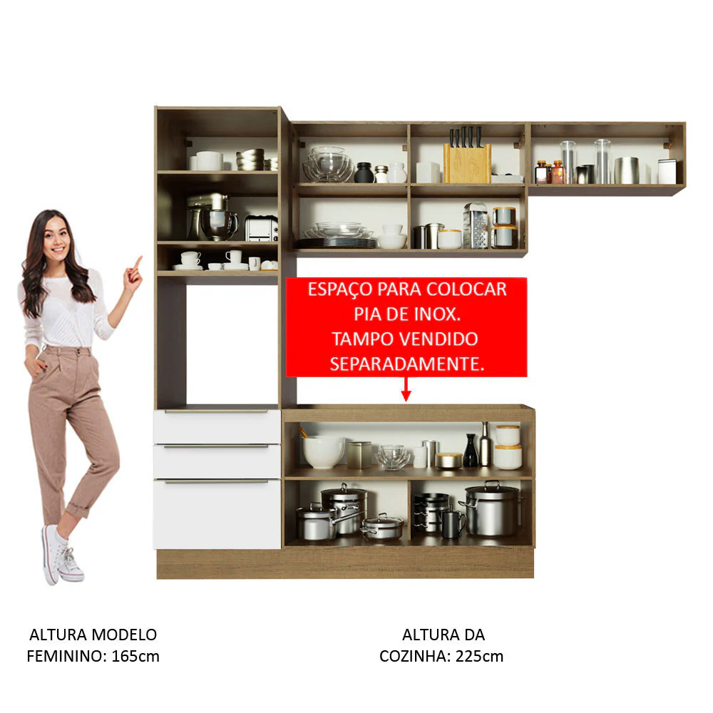 Armário de Cozinha Completa 260 x 60 cm Rustic/Branco Veludo Lux Madesa 03 - Image 5