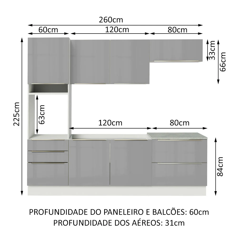 Armário de Cozinha Completa 260 x 60 cm Branco/Cinza Lux Madesa 01 - Image 3