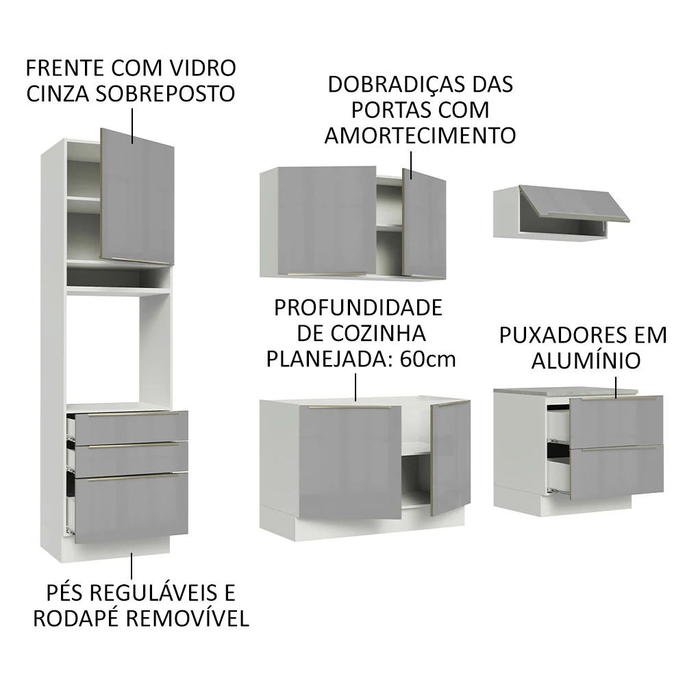 Armário de Cozinha Completa 260 x 60 cm Branco/Cinza Lux Madesa 01 - Image 4
