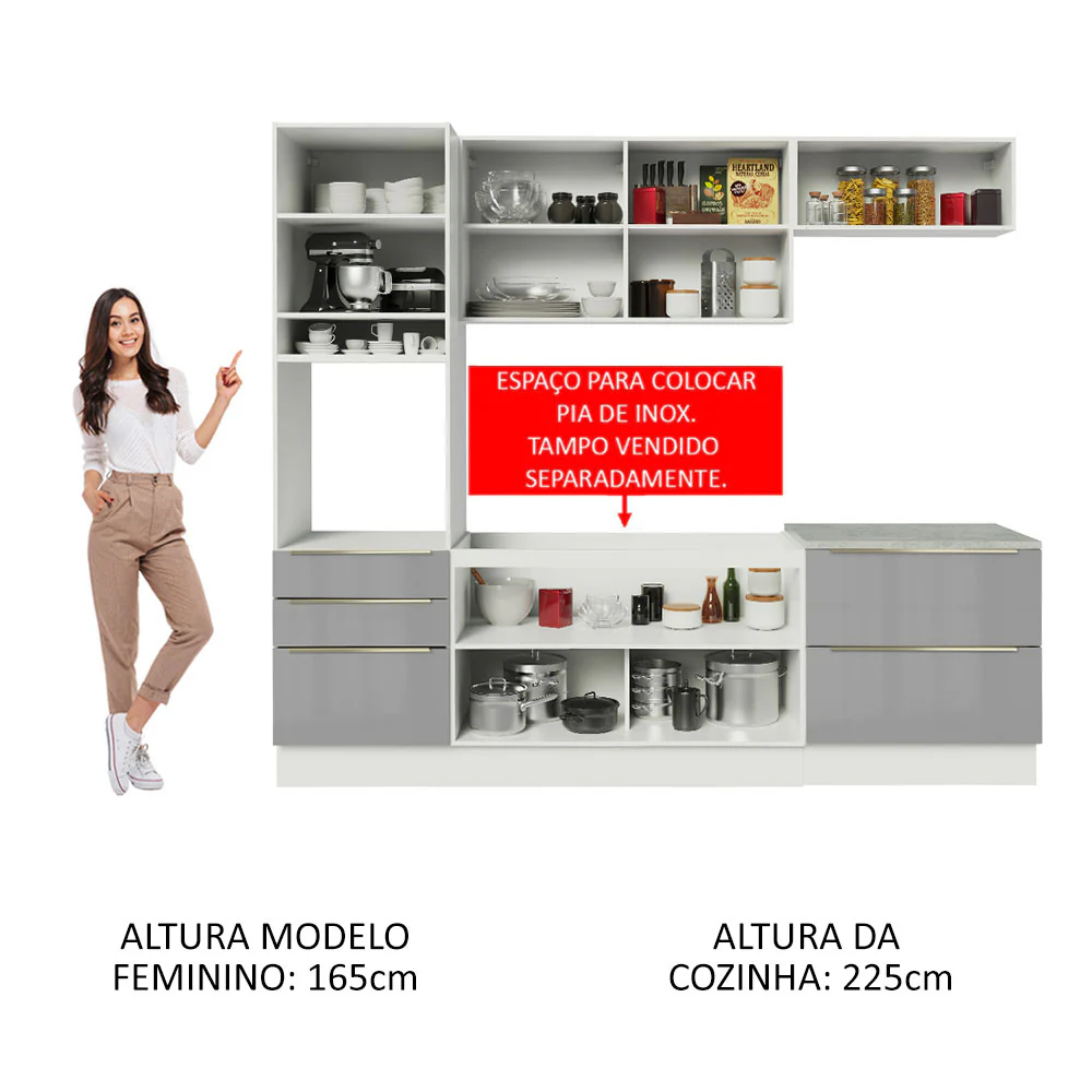 Armário de Cozinha Completa 260 x 60 cm Branco/Cinza Lux Madesa 01 - Image 5