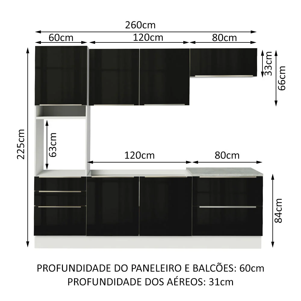 Armário de Cozinha Completa 260 x 60 cm Branco/Preto Lux Madesa 01 - Image 3
