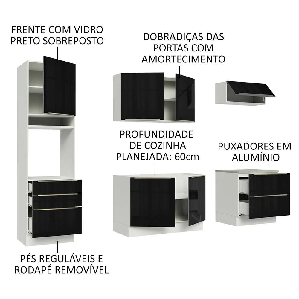 Armário de Cozinha Completa 260 x 60 cm Branco/Preto Lux Madesa 01 - Image 4