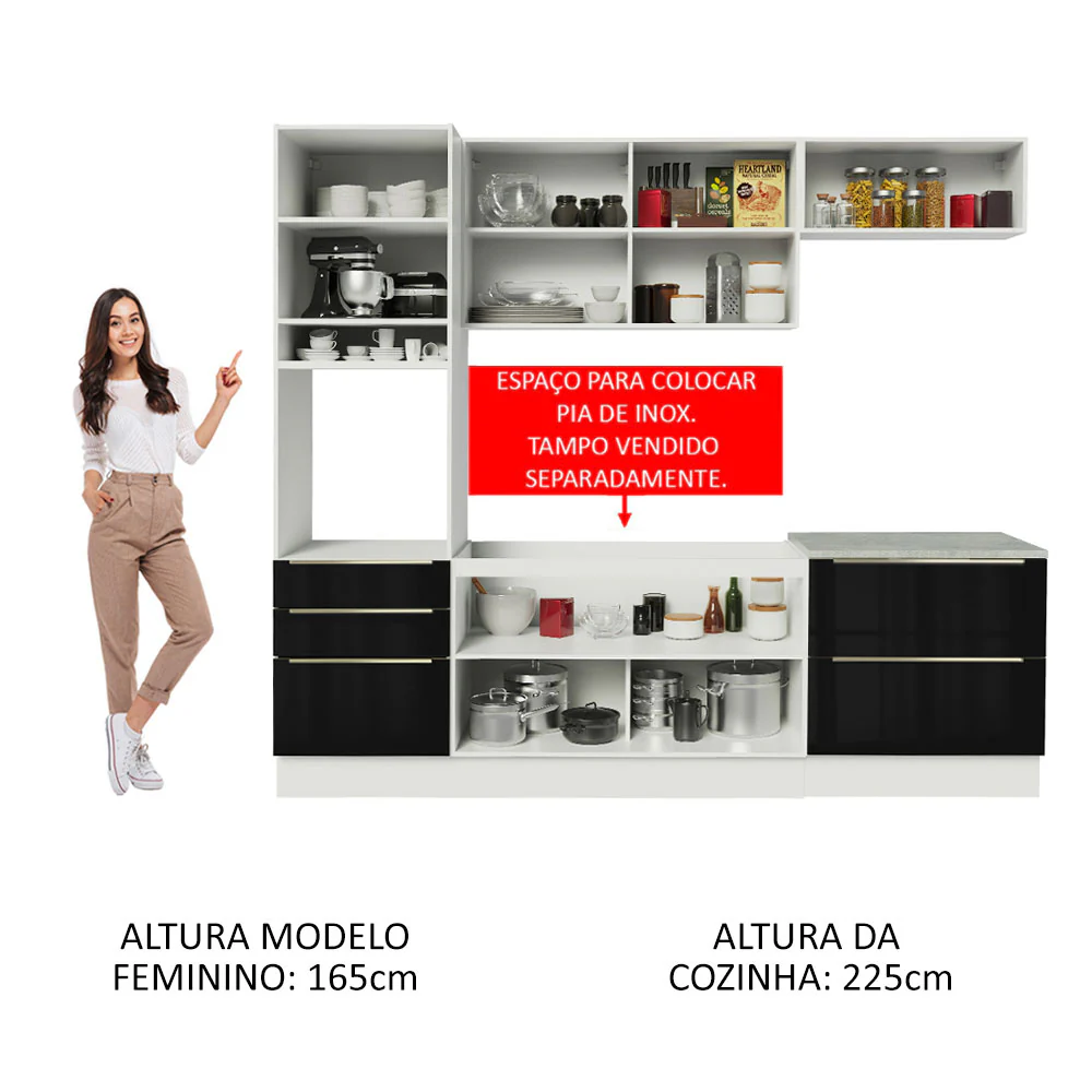 Armário de Cozinha Completa 260 x 60 cm Branco/Preto Lux Madesa 01 - Image 5