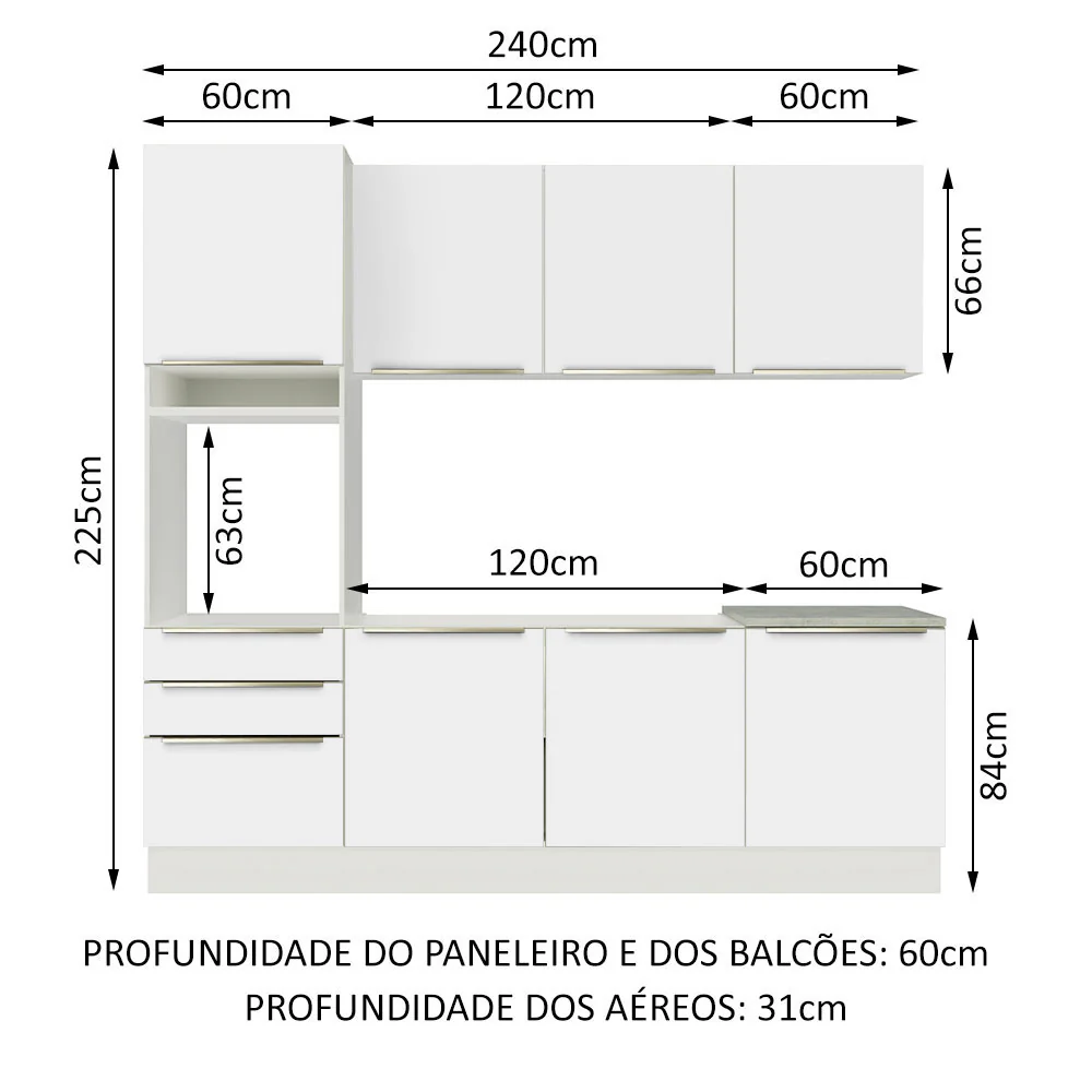 Armário de Cozinha Completa 240 x 60 cm Branco Branco Veludo Lux Madesa 03 - Image 3