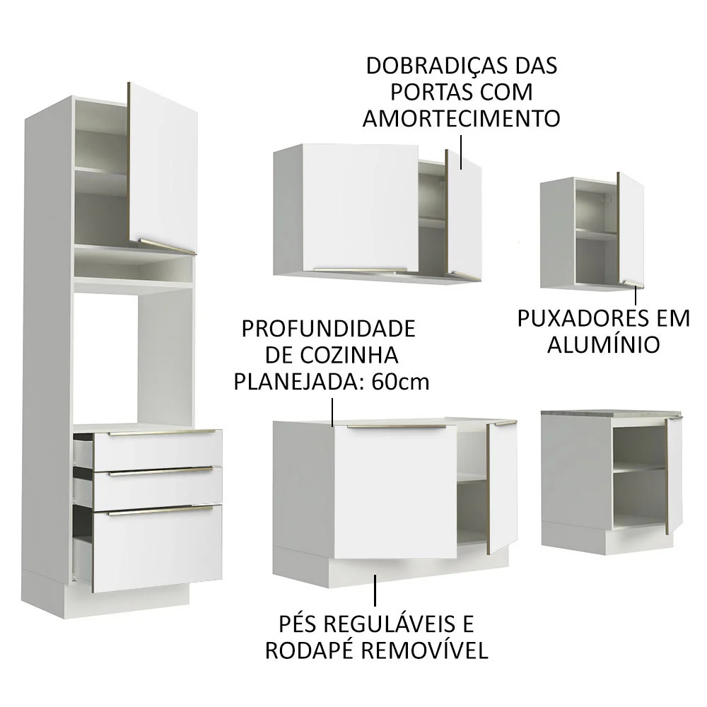 Armário de Cozinha Completa 240 x 60 cm Branco Branco Veludo Lux Madesa 03 - Image 4