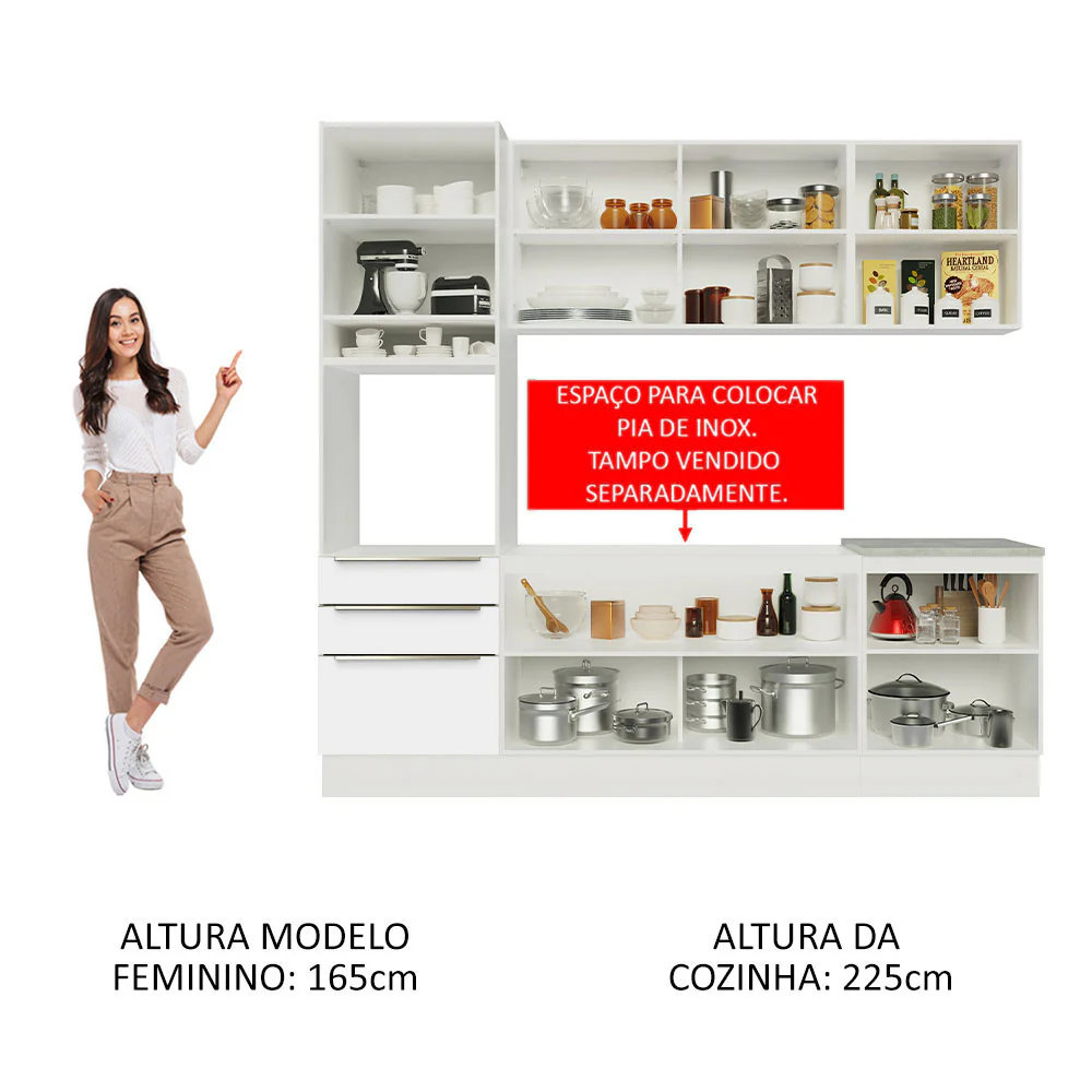 Armário de Cozinha Completa 240 x 60 cm Branco Branco Veludo Lux Madesa 03 - Image 5