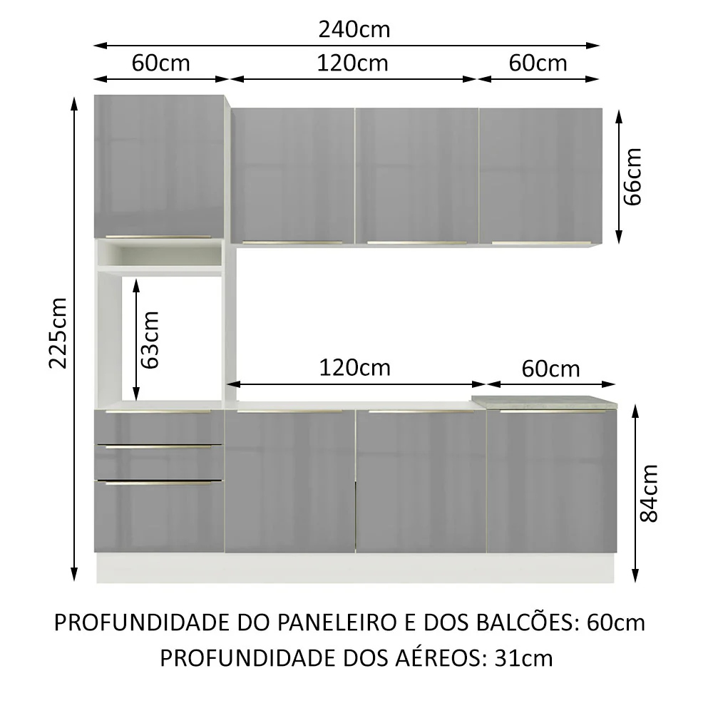 Armário de Cozinha Completa 240 x 60 cm Branco/Cinza Lux Madesa 03 - Image 3