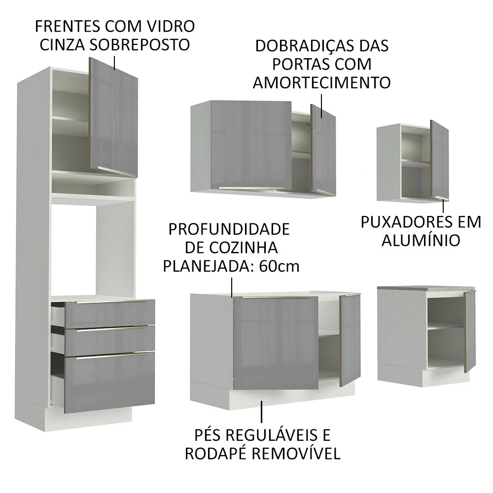 Armário de Cozinha Completa 240 x 60 cm Branco/Cinza Lux Madesa 03 - Image 4