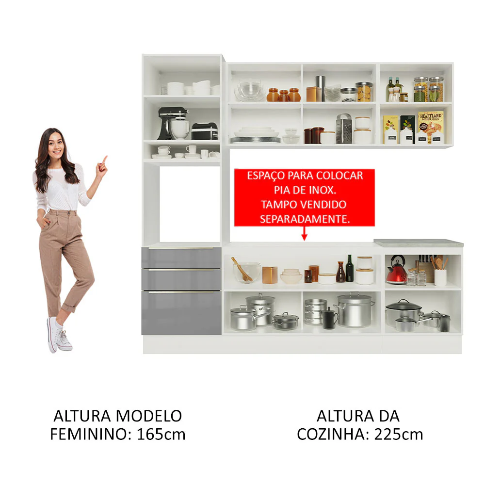 Armário de Cozinha Completa 240 x 60 cm Branco/Cinza Lux Madesa 03 - Image 5