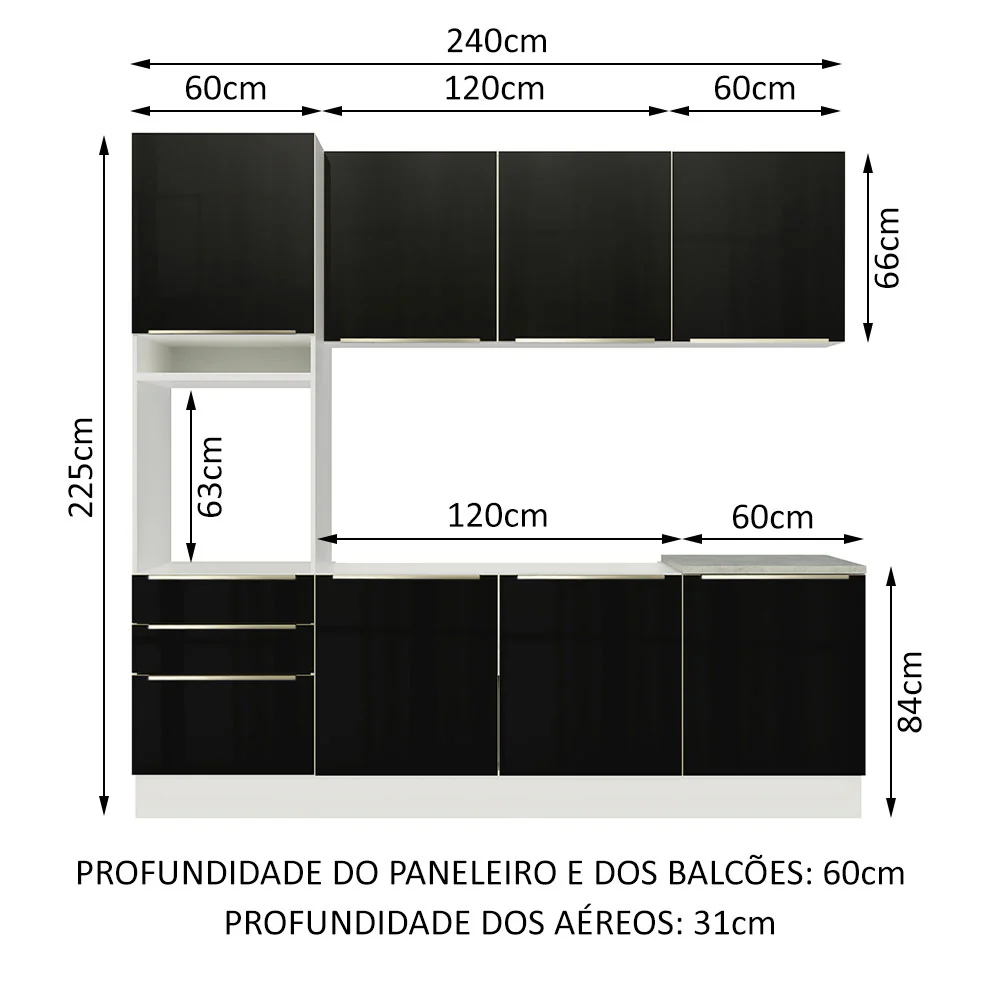 Armário de Cozinha Completa 240 x 60 cm Branco/Preto Lux Madesa 03 - Image 3