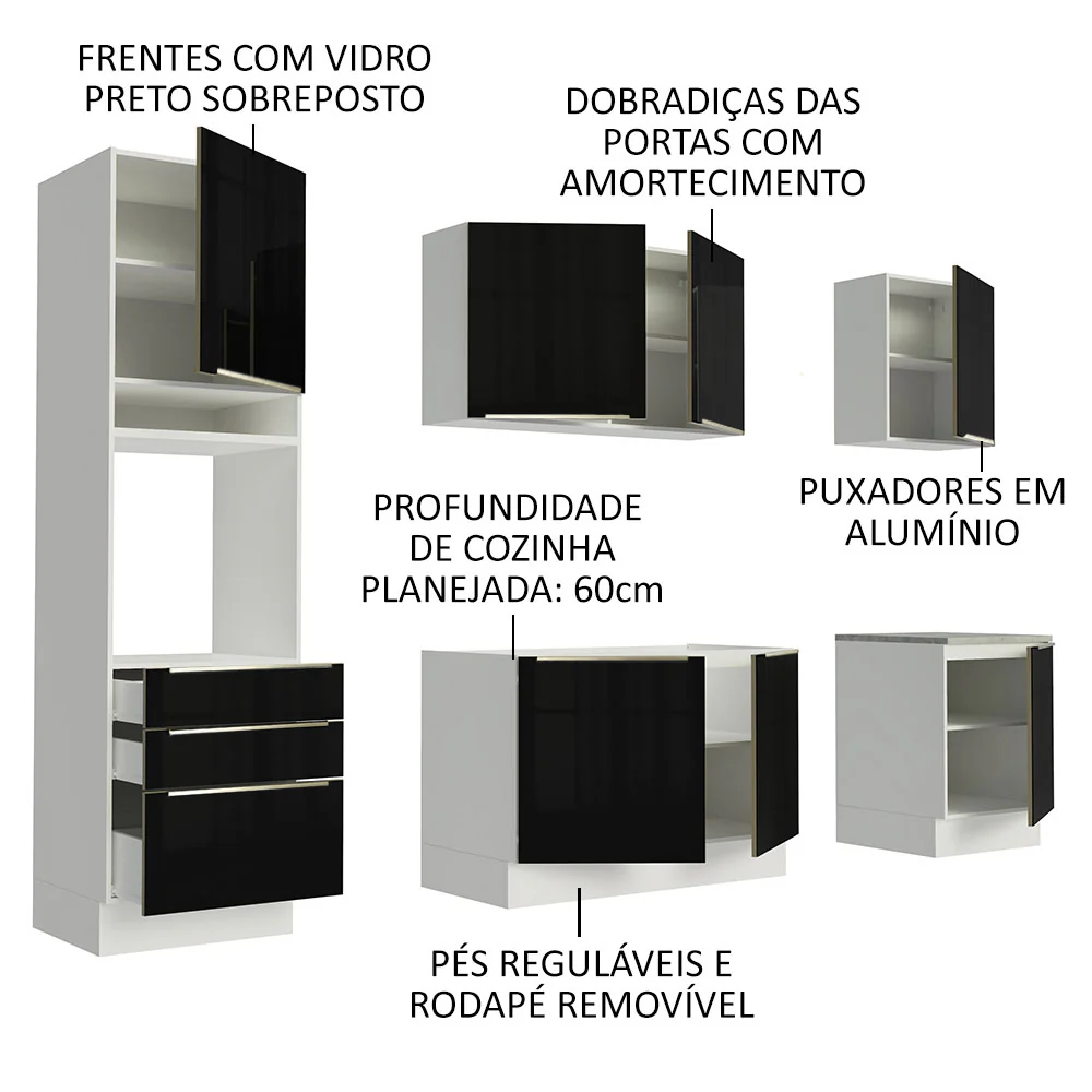 Armário de Cozinha Completa 240 x 60 cm Branco/Preto Lux Madesa 03 - Image 4