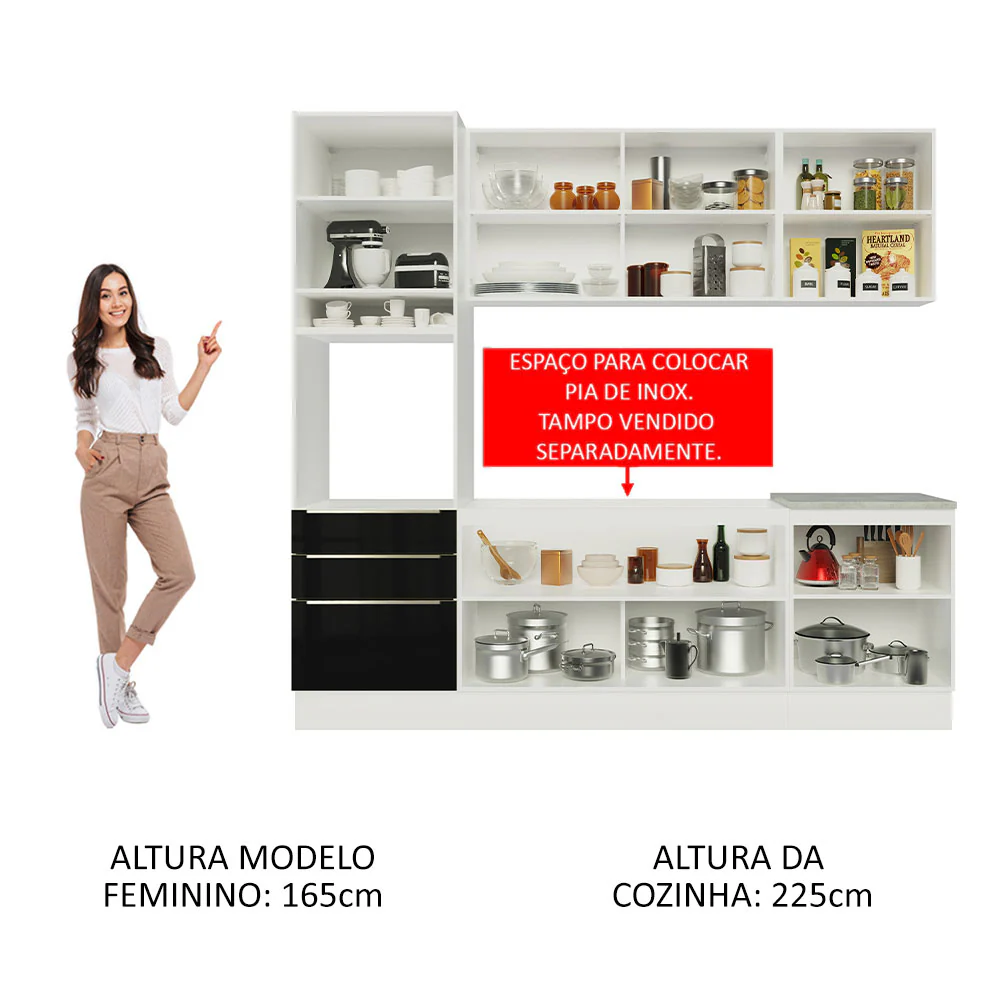 Armário de Cozinha Completa 240 x 60 cm Branco/Preto Lux Madesa 03 - Image 5