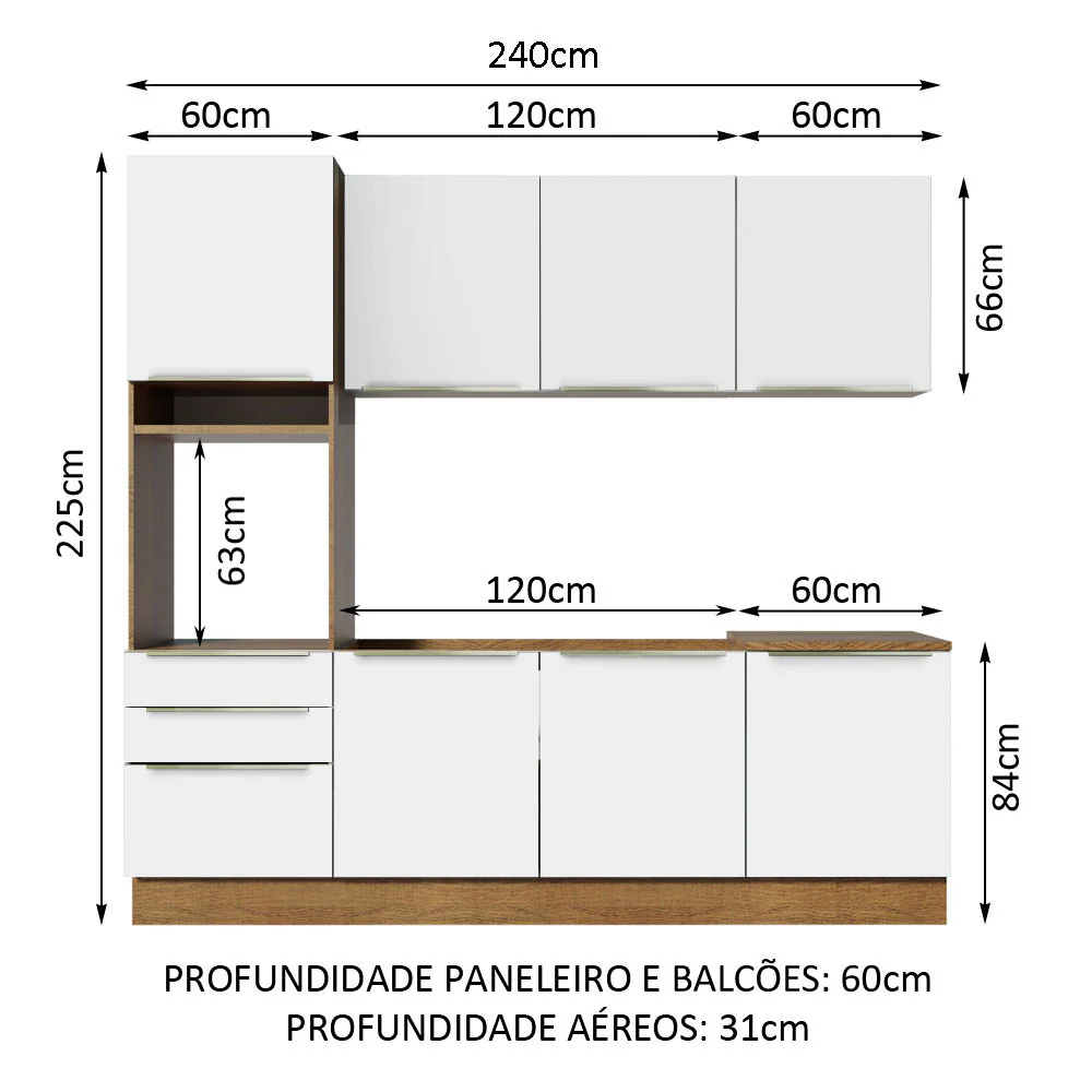 Armário de Cozinha Completa 240 x 60 cm Rustic Branco Veludo Lux Madesa 03 - Image 3