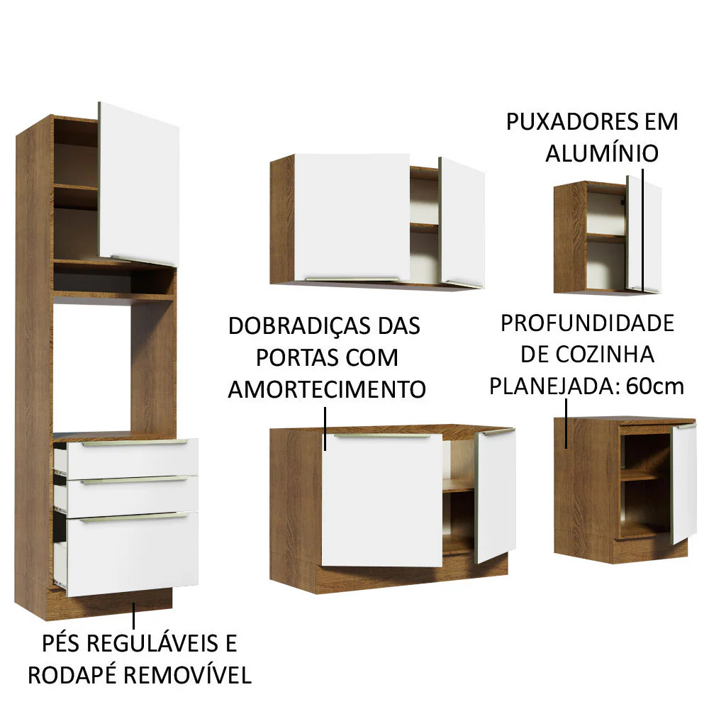 Armário de Cozinha Completa 240 x 60 cm Rustic Branco Veludo Lux Madesa 03 - Image 4