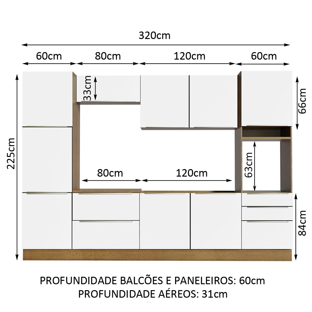 Armário de Cozinha Completa 320 x 60 cm Rustic Branco Veludo Lux Madesa 03 - Image 3