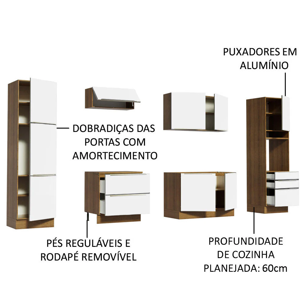 Armário de Cozinha Completa 320 x 60 cm Rustic Branco Veludo Lux Madesa 03 - Image 4