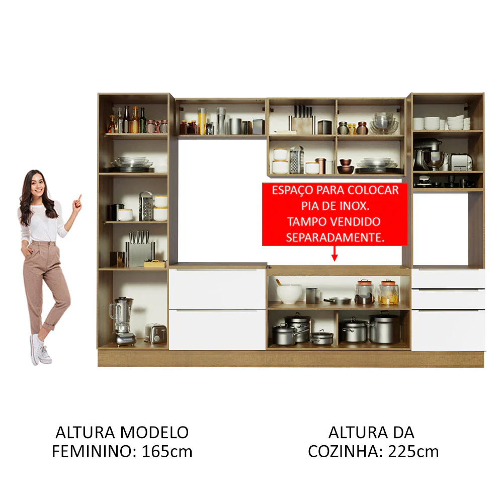 Armário de Cozinha Completa 320 x 60 cm Rustic Branco Veludo Lux Madesa 03 - Image 5