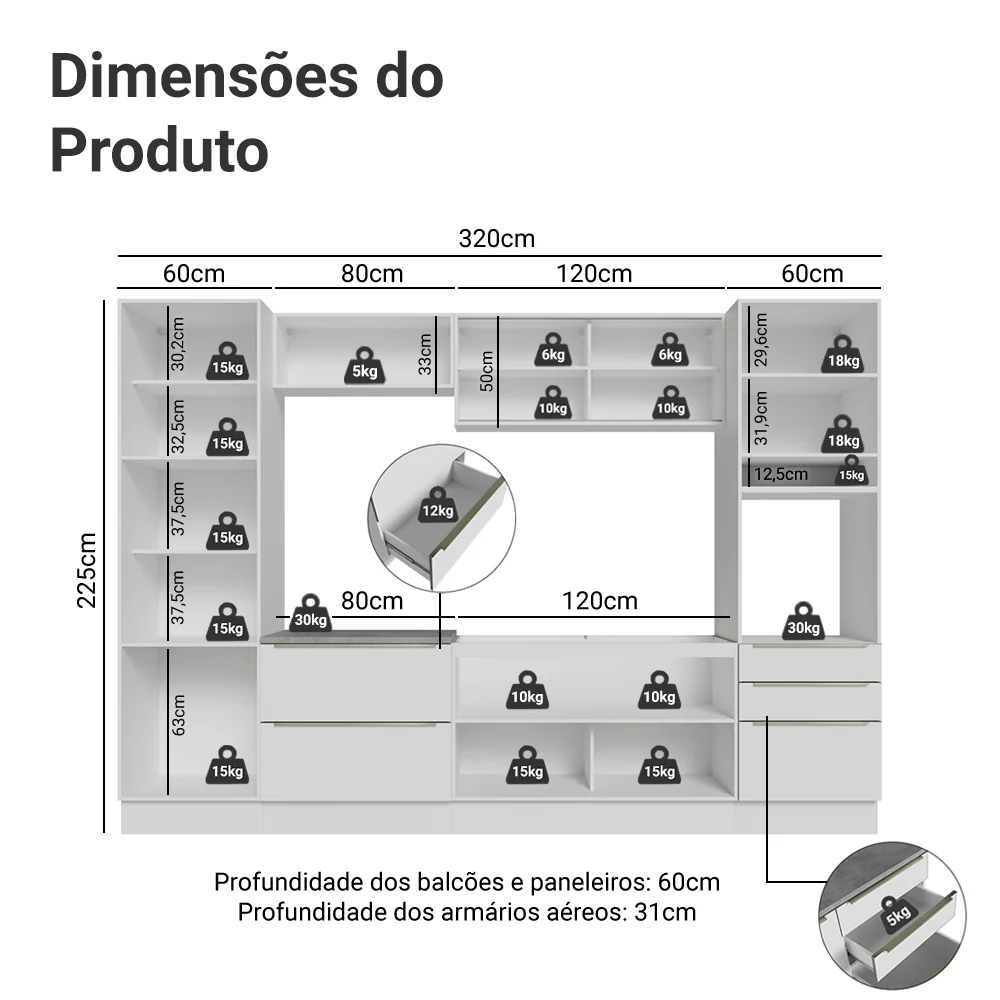 Armário de Cozinha Completa 320 x 60 cm Branco Branco Veludo Lux Madesa 01 - Image 3