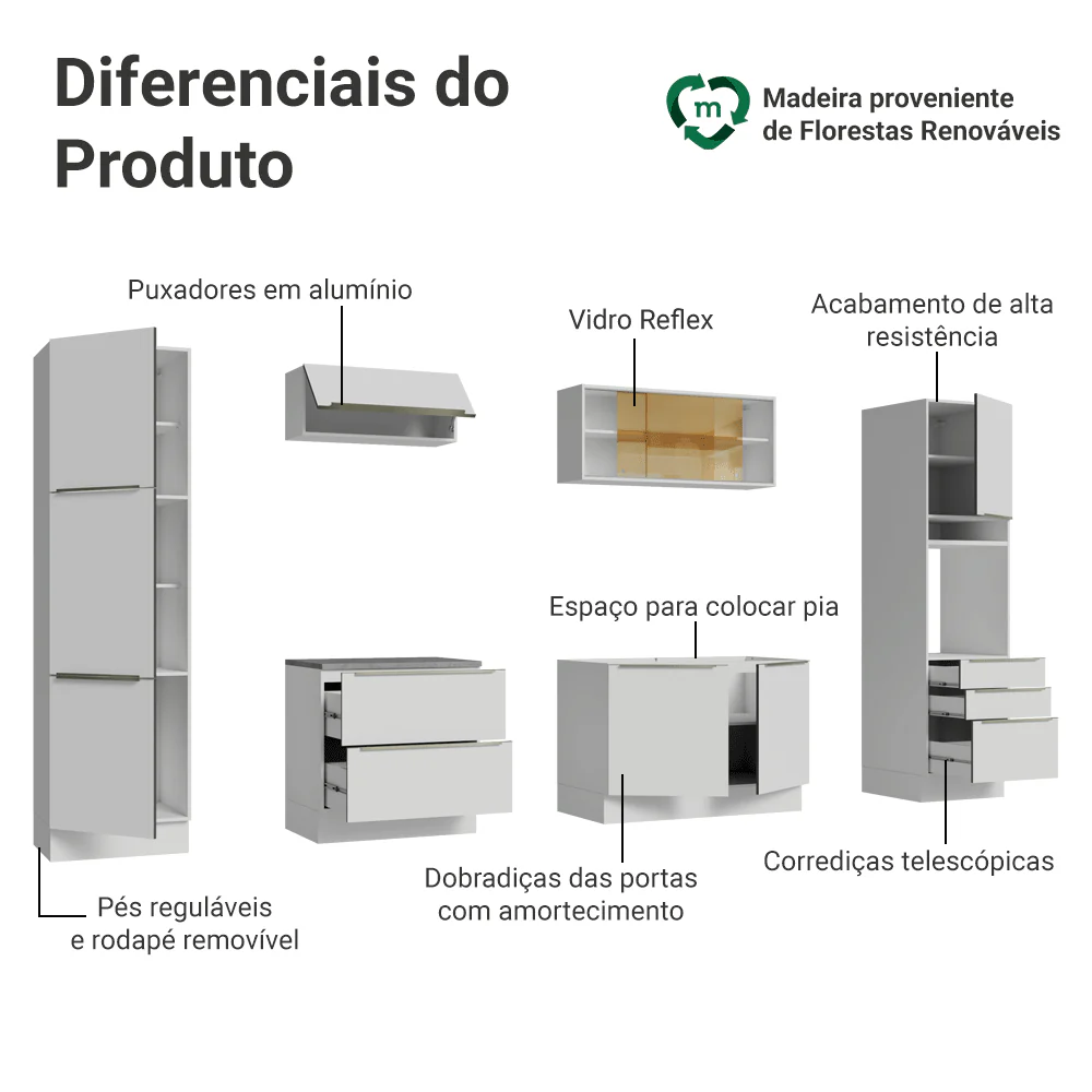 Armário de Cozinha Completa 320 x 60 cm Branco Branco Veludo Lux Madesa 01 - Image 4