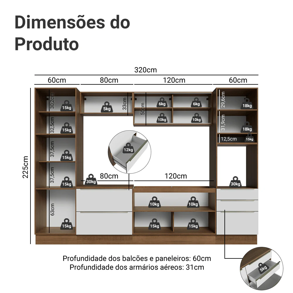 Armário de Cozinha Completa 320 x 60 cm Rustic Branco Veludo Lux Madesa 01 - Image 3