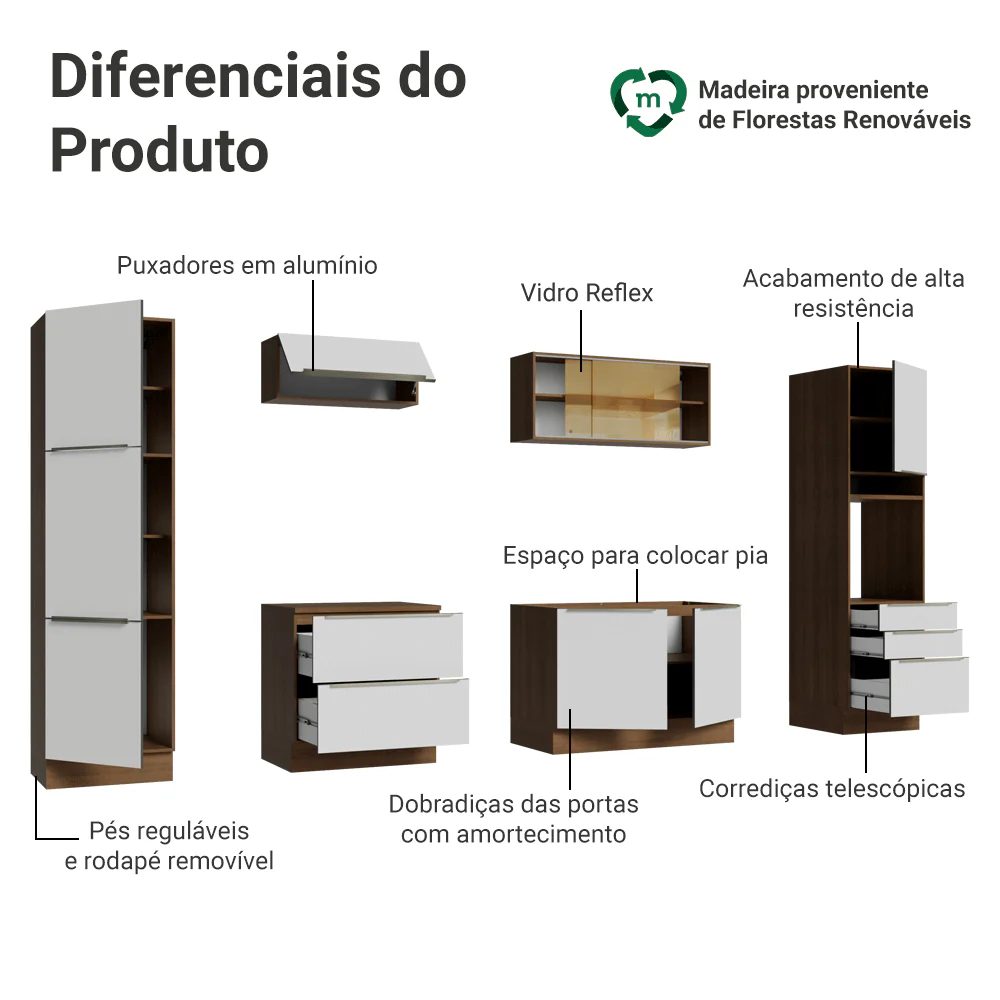 Armário de Cozinha Completa 320 x 60 cm Rustic Branco Veludo Lux Madesa 01 - Image 4